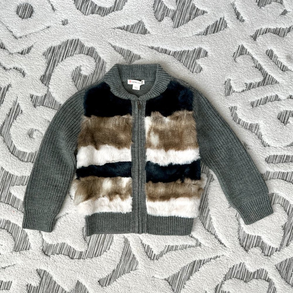 Girls' J. Crew Merino Wool Striped Bomber-Sweater: Faux Fur, Size 3